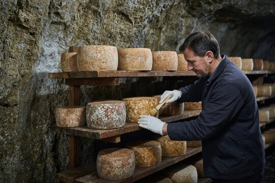 A cheese maker tending to aging cheese in a cave cellar.