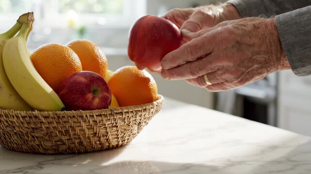 Older man hand holding red apple basket senior male hand fresh fruit kitchen counter healthy lifestyle morning light retirement home natural fruit