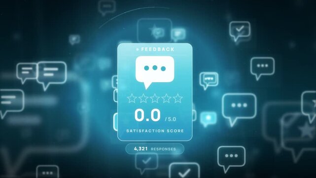 Satisfaction score counter rising on a customer feedback card surrounded by chat bubble icons