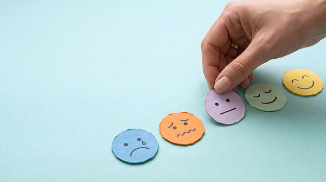 Hand placing a purple neutral emotion face icon on a blue background