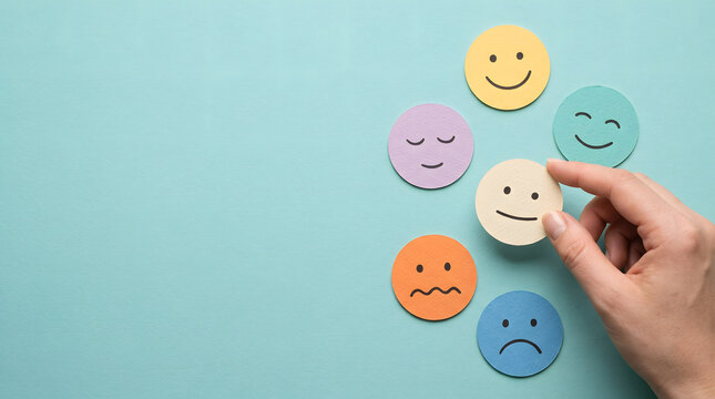 Hand choosing a neutral emotion face icon from a set of various moods