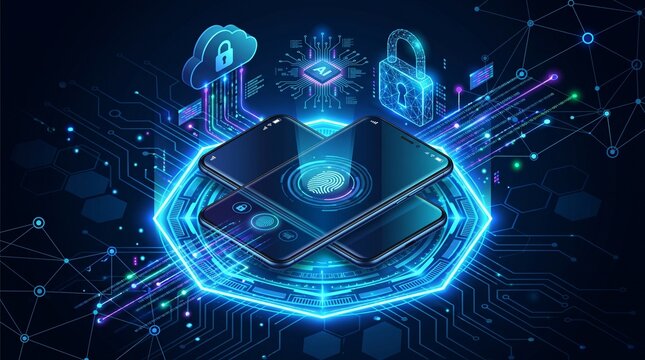 Blockchain digital wallet security with smartphone and padlock