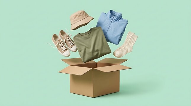 Wardrobe Refresh - Stylish Clothes and Accessories Levitating Out of a Cardboard Box.