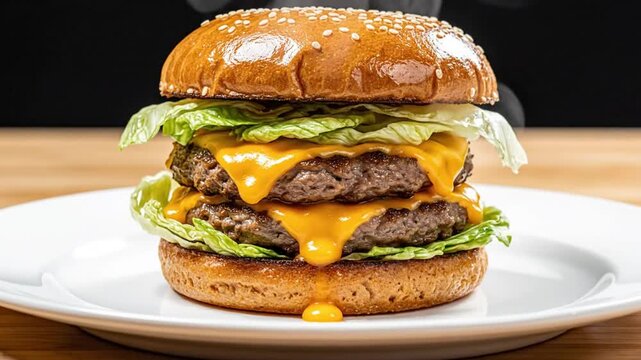 Delicious double cheeseburger with melted cheese, lettuce, and sesame seed bun served on a white plate