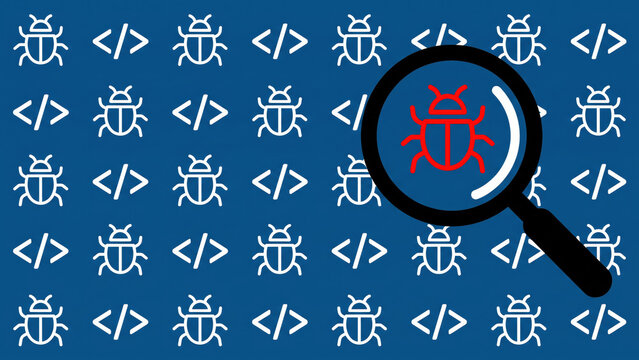 Magnifying glass on red software bug programming error and code debugging