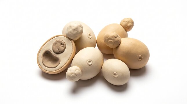 Budding Yeast Cells 3D Cluster with Cutaway Showing Nucleus and Vacuole on White Background