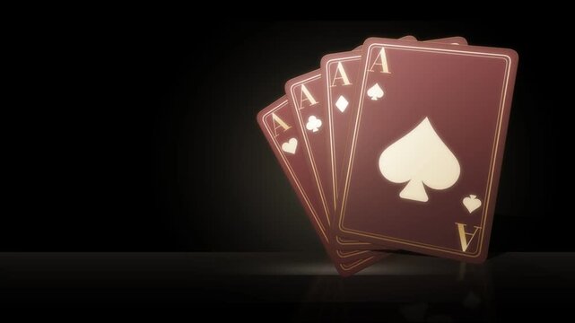 Four aces playing cards fanning out one by one under a spotlight on a dark table