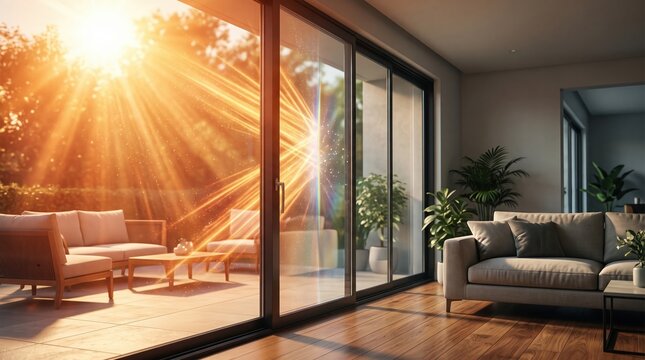 modern living room interior with a glass sliding door blocking and reflecting harsh solar heat radiation.