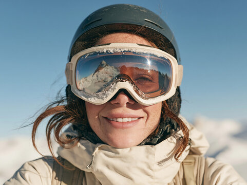 Extreme close up portrait of young woman wearing ski helmet and goggles on sunny day   