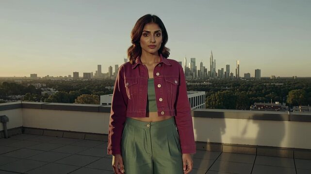 Walking Indian woman in maroon cropped jacket chasing sun onto roof passing parapet turning to pose