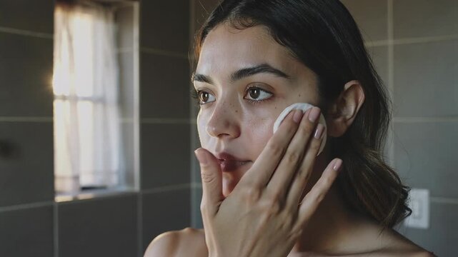 Pressing cotton pad to cheek, bare-shouldered woman cleansing face at bathroom mirror for skincare