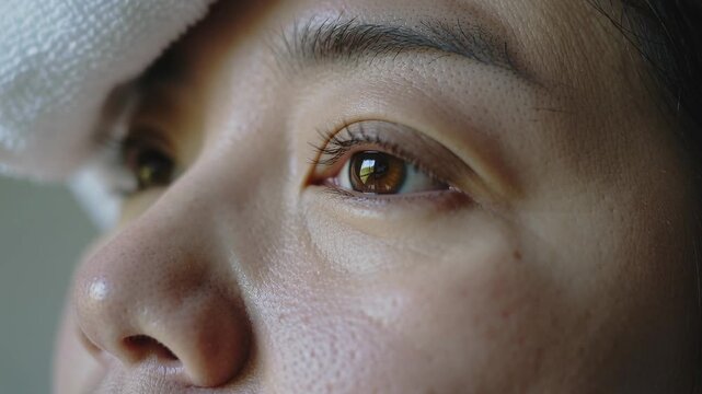 Blinking Asian woman closing then opening eye from blink reflex at home, white towel on forehead