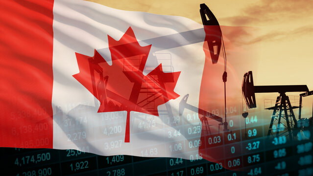 Canada's oil extraction industry business growth and national economic infrastructure financial institute investment, active oil pump jacks working at sunset, a superimposed Canadian national flag