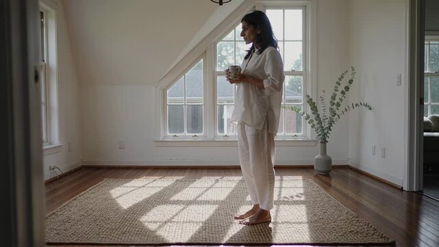 Standing Indian woman in tunic reflecting while sunlight streaming via window at home, cradling mug
