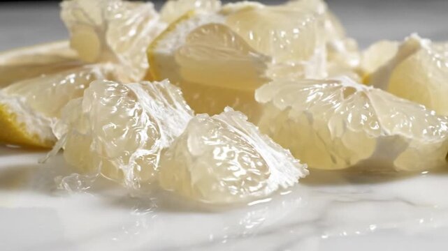 Close up view of fresh peeled citrus fruit segments on white surface with bright sunlight