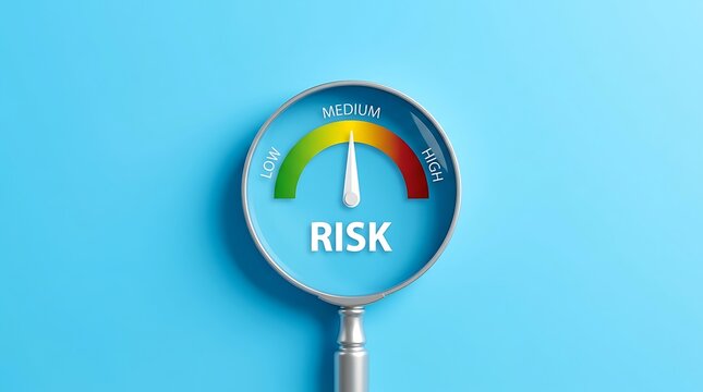 Risk assessment concept with magnifying glass, business risk level meter showing medium rating on blue background, financial analysis and management