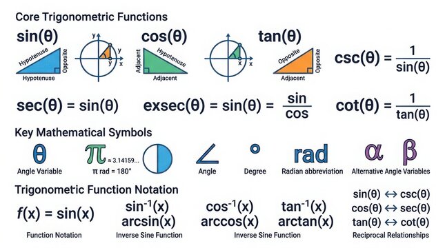 Educational illustration of trigonometry symbols and functions on white background
