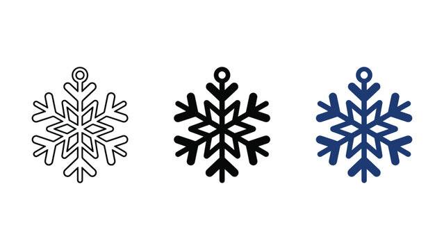 Set of snowflake icons in outline, solid black, and blue styles for winter design