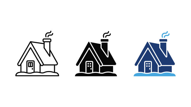 Set of winter house icons, cozy cabin with chimney and snow, vector illustration