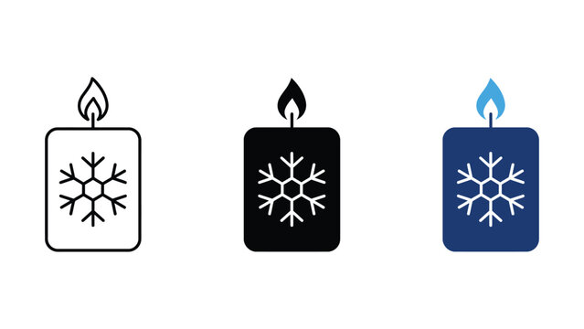 Set of three candle icons with snowflake pattern, winter holiday decoration vector illustration