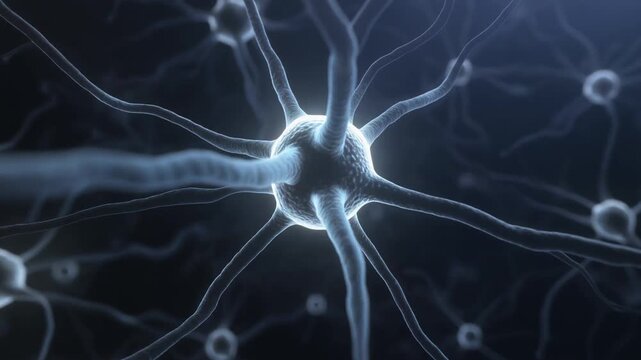 Glowing Neuron with Electrical Impulse and Neural Activity Background