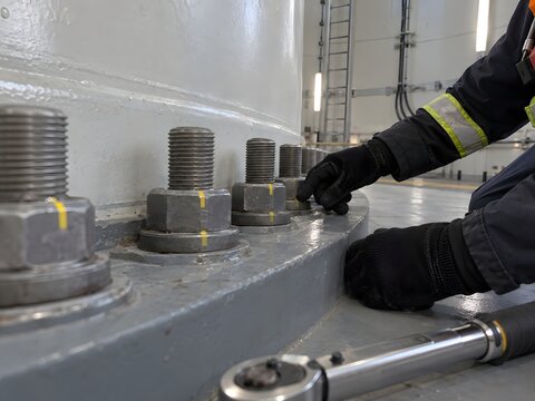 Close-up of gloved hands checking turbine flange bolts and torque marks during preventive maintenance inside a wind tower.
