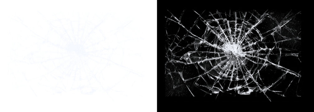 Broken glass texture with cracks isolated on a transparent background