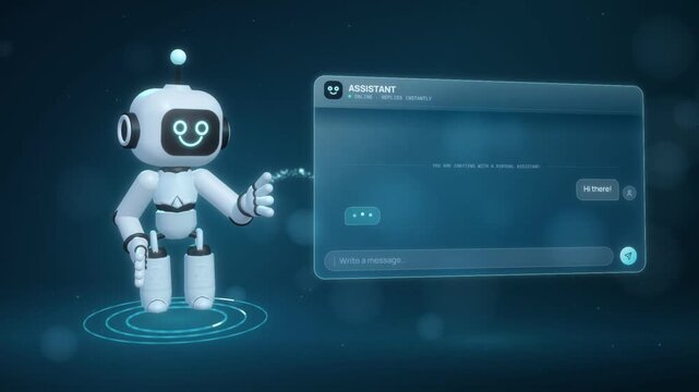 Friendly robot assistant character presenting a customer support chat window with order updates