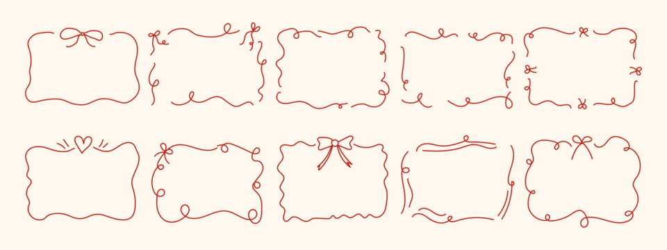 Set of red hand drawn horizontal frames with bows, hearts and wavy borders on a beige background, ideal for cards, invitations and social media
