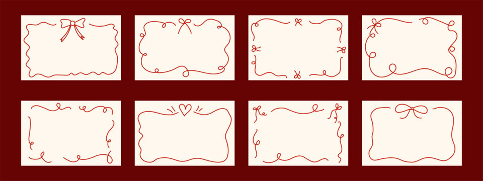 Set of eight red hand drawn horizontal frames with bows, hearts and wavy lines on cream cards, ideal for invitations, labels and social media