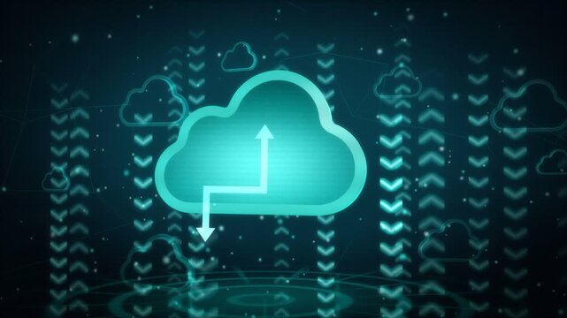 Cloud computing icon with upload and download arrows and streaming data chevrons in seamless loop