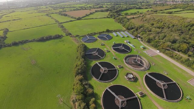 Aerial Drone View of Water Treatment Plant Near Dinas Powys, Wales