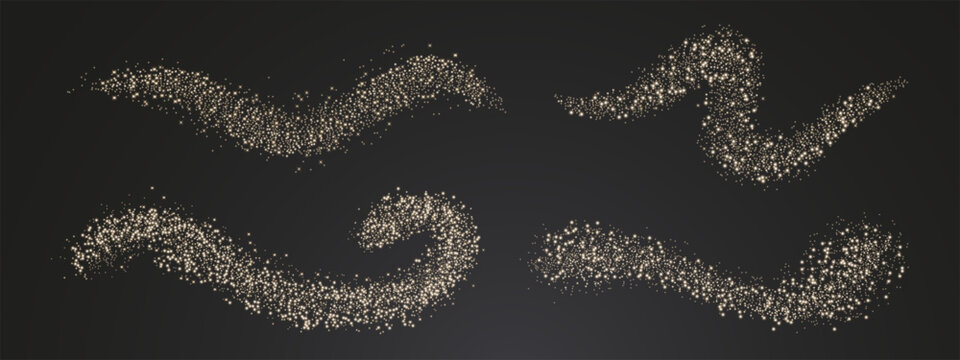 Set of four flowing golden glitter waves made of glowing particles and stars on a dark background, ideal for festive, magical and luxury designs