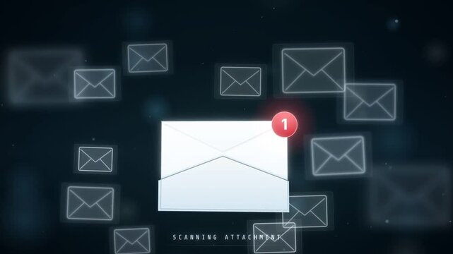Email threat detection alert with an envelope scan revealing a dangerous attachment and warning icons
