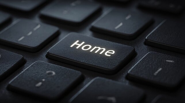 A glowing home key on a black computer keyboard seen from a close perspective with out against dark