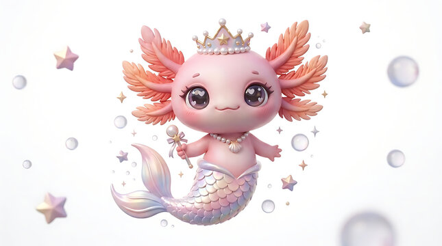 Cute Fantasy Axolotl Character with Pink Gills and Crown Surrounded by Sparkles and Bubbles on White Background
