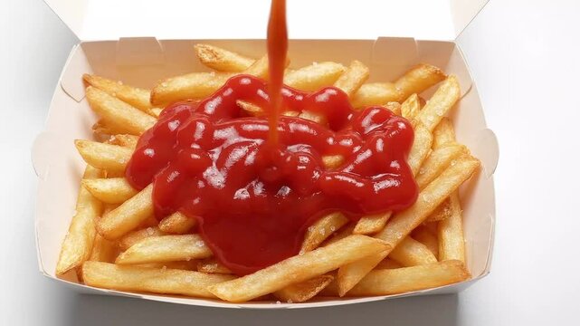 Pouring Ketchup Sauce Over Crispy Salted French Fries in Takeaway Paper Box