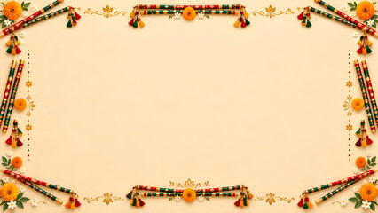 Obraz premium Elegant festive border frame with colorful floral decorations and sticks