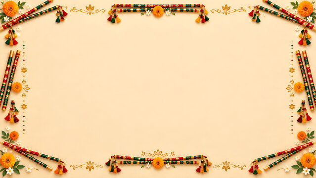 Elegant festive border frame with colorful floral decorations and sticks