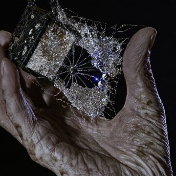 Spider web with cobweb dew drops held in a weathered hand of an elderly woman, intricate and glistening for advertising and art