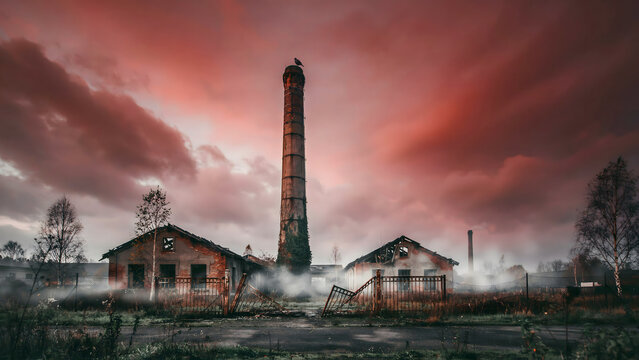 Abandoned industrial brick buildings with tall chimney under a dramatic red sunset sky and thick fog rolling across the ground