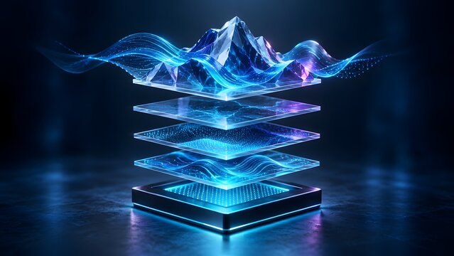 Abstract Glowing 3D Topographic Mountain Layers with Digital Network Data Waves