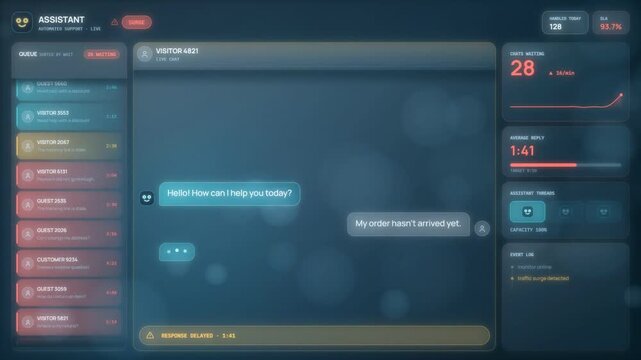 Support queue surge on an AI chat dashboard as assistant threads scale and wait times drop