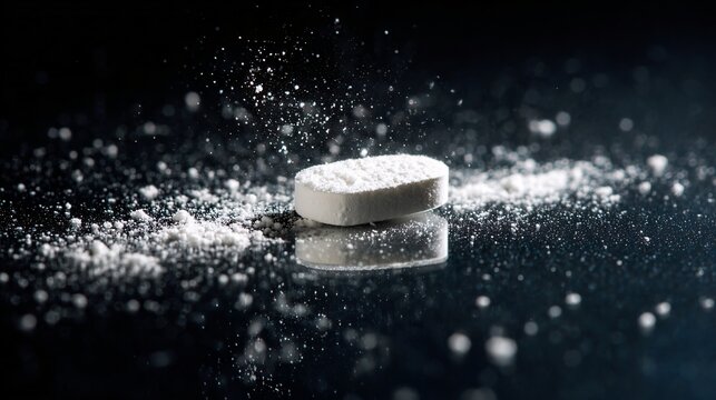 A single white pill sits on a black surface surrounded by scattered crushed powder fragments