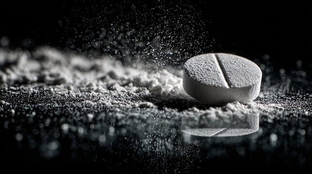 A single white medical pill crumbling into fine powder on a dark reflective surface