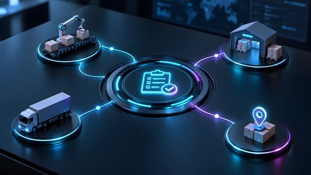 Futuristic 3D logistics and supply chain management concept with glowing network connecting warehouse delivery truck and automated packing.
