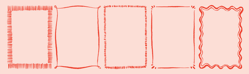 Obraz premium Coquette whimsical pink doodle frames and decorative romantic borders. Vintage cute borders and frames with wavy crayon doodle lines, dashed strokes. Minimalist simple linear clip art.