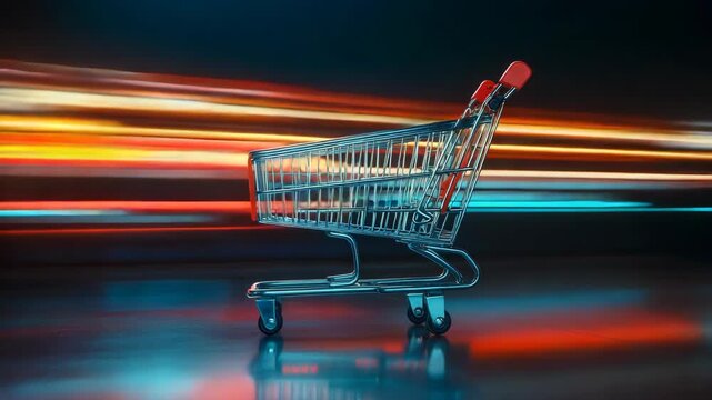 Empty supermarket cart on glossy floor surrounded by bright motion blur lights showing fast retail experience grocery shopping technology modern marketplace consumer behavior futuristic store design