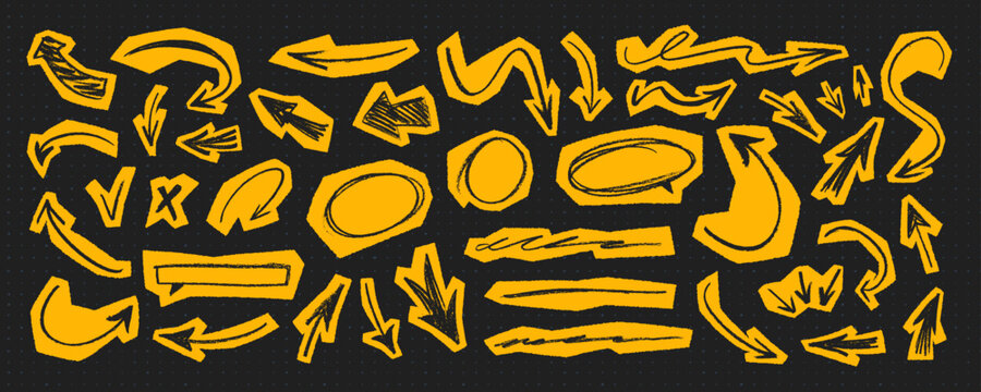 Yellow crayon arrow, underlines, oval and check marks scrapbook cut out elements. Scribble doodle arrow drawing on yellow paper cut clip art collection. Y2k funky scrapbook arrow set for zine design.