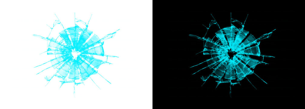 Cyan glowing broken glass hole isolated on a transparent background